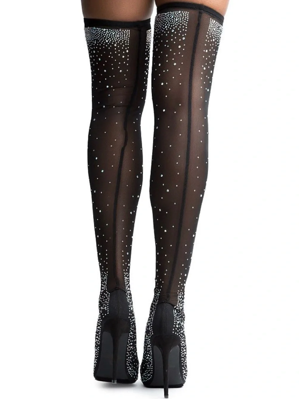 Liliana Black Rhinestone Thigh-High Sheer Stocking Heels - Size 9